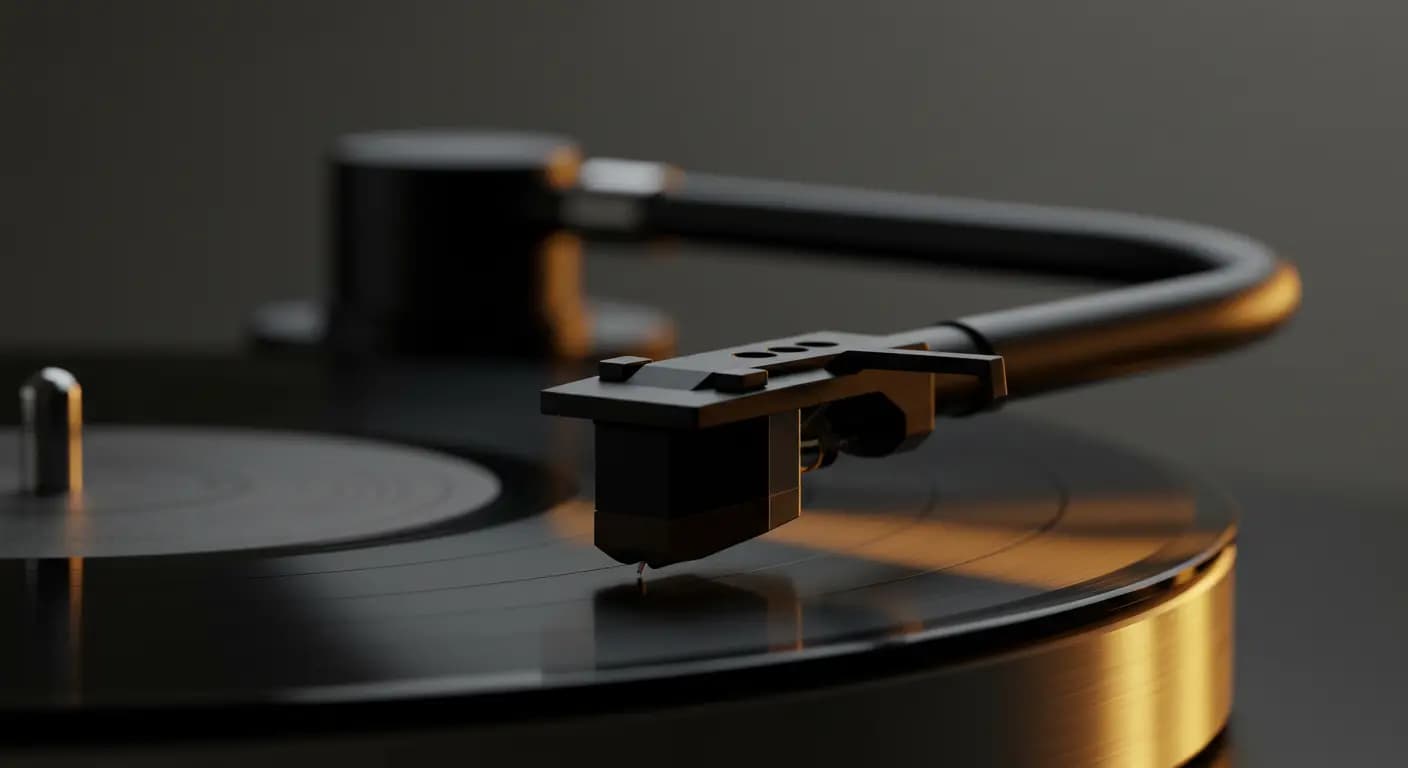 Nahaufnahme eines Tonarms mit einem Element, das der Rille einer Vinylplatte folgt