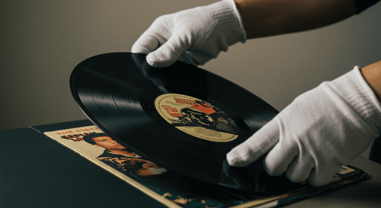 Een verzamelaar die met witte handschoenen een zeldzame vinylplaat uit de hoes haalt