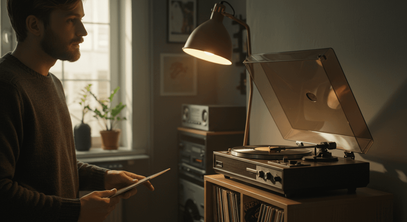 A turntable and collection for a beginning vinyl collector, zoomed out. Someone admires.