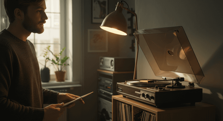 Une platine et une collection pour un débutant en vinyle, en plan rapproché. Quelqu'un admire.