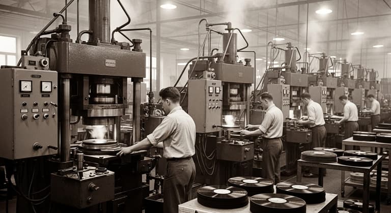 Rows of vinyl pressing machines with workers operating the equipment and stacks of freshly pressed records visible.